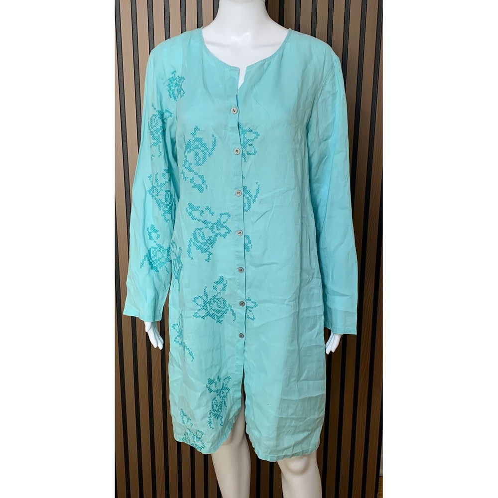 J. Jill Aqua Blue 100% Linen Embroidered Button Front Tunic Dress M Lagenlook